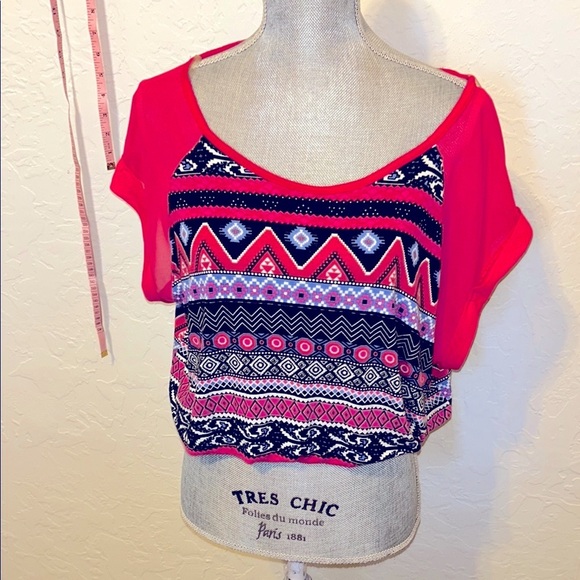 Bongo Trendy Pink & Black Boho Look Women's elastic bottom Top. Sheer arms Sz XL - Picture 2 of 14